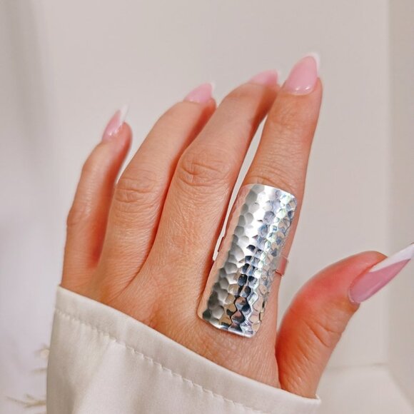 Sterling Silver Ring Hammered Shield Ring, Shield Silver Ring, Women Statement - Picture 3 of 10